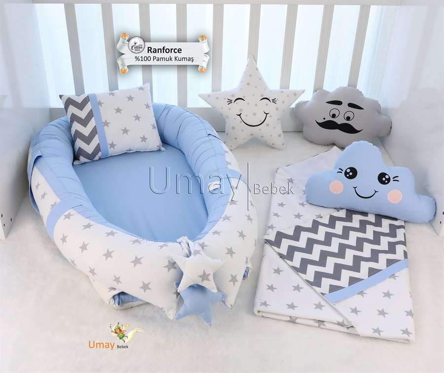 Umay BebekBüyük Gri Yıldız Mavi Babynest Bebek Yatak Takımı Polar Battaniyeli