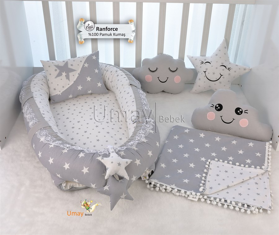 Umay BebekGri Yıldız  Babynest Bebek Yatağı Takımı Pikeli