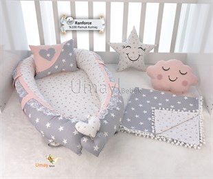 Umay Bebek Gri yıldız - Pembe Babynest Bebek Yatak Takımı Pikeli