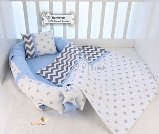 Umay BebekBüyük Gri Yıldız Mavi Babynest Bebek Yatağı ve Polar Battaniyesi