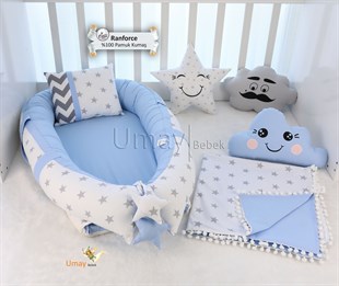 Büyük Gri Yıldız Mavi Babynest Bebek Yatak Takımı Pikeli