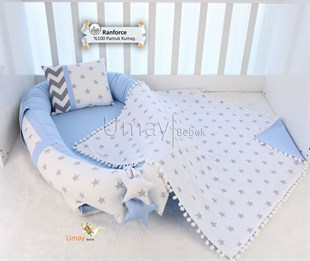 Büyük Gri Yıldız Mavi Babynest Bebek Yatağı ve Pikesi