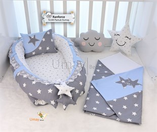 Umay BebekK.Gri Mavi - Yıldızlı Babynest Bebek Yatak Takımı Polar Battaniyeli