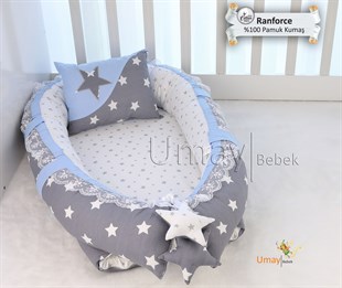 Umay BebekK.Gri Mavi - Yıldızlı Babynest Bebek Yatağı 