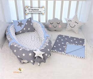 Umay BebekK.Gri Mavi - Yıldızlı Babynest Bebek Yatak Takımı Pikeli	