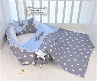 Umay BebekK.Gri Mavi - Yıldızlı Babynest Bebek Yatağı ve Polar Battaniyesi	