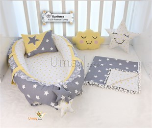 Umay BebekK.Gri Sarı - Yıldızlı Babynest Bebek Yatak Takımı Pikeli