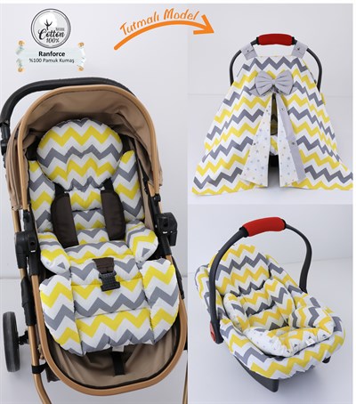 Umay BebekPuset Örtüsü Takımı Bebek Arabası Minderli-Sarı Gri