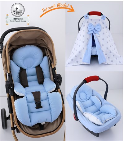 Umay BebekPuset Örtüsü Takımı Bebek Arabası Minderli-Beyaz Mavi